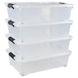 Saedy 25 Liter Plastic Under Bed Storage Box on Wheels, 4 Pack Clear Lidded Storage Bins