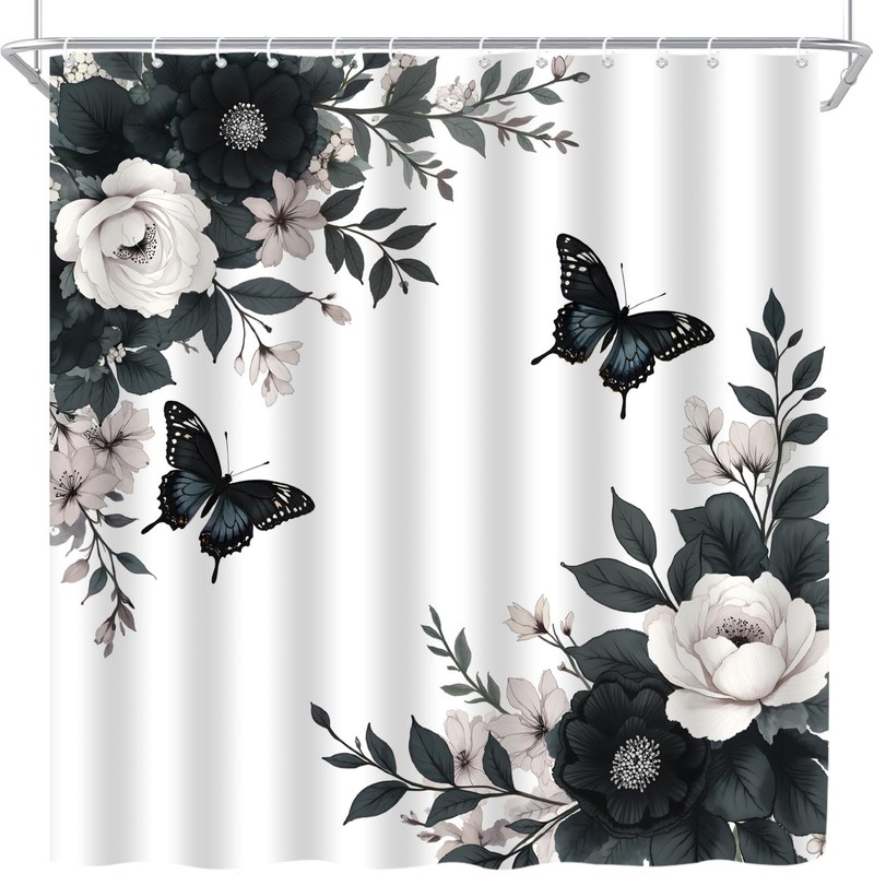 CWHCWA Black Grey Floral Shower Curtain, 70x70 Inch
