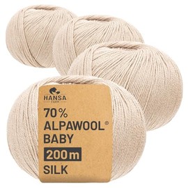 HANSA-FARM Alpawool 70% Baby Alpaca with 30% Silk, 200 g Set (4 x 50 g), Silky and Scratch-Free Wool for Knitting and Crocheting, NFA02 Beige