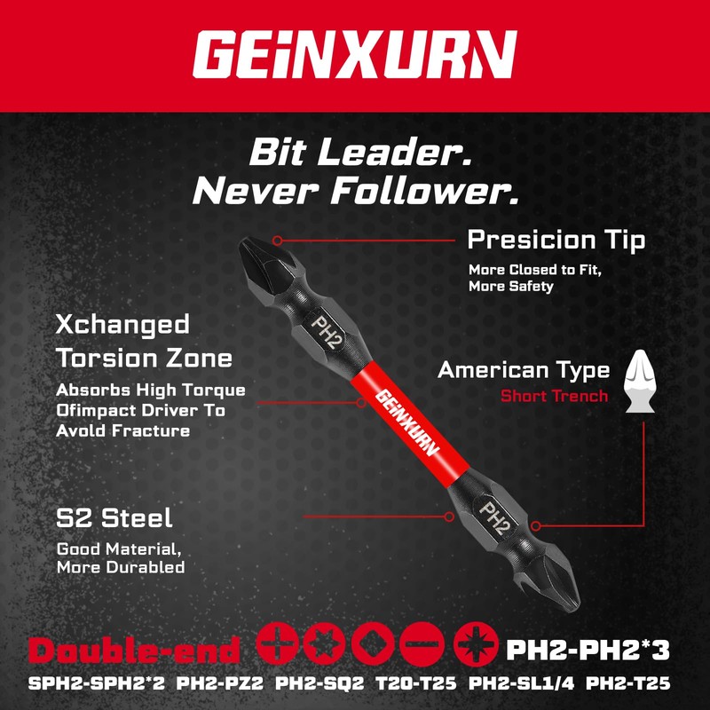 Geinxurn Impact Double End Screwdriver Bit Set, 20Pcs 2.56 In.Reversible