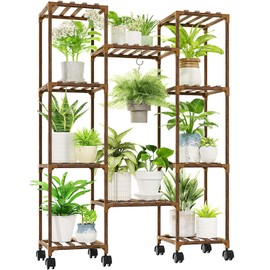 GENTINGBRO Plant Stand with Wheels Outdoor Indoor Hanging Plant Shelf for Multiple Plants Tall Large Holder for Living Room Patio Balcony Garden Corner Mobile