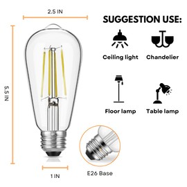 Homefy 6W LED Edison Bulbs, ST58 Vintage Filament Light (60W Equivalent), 700 Lumens, Warm White 2700K, Clear Glass, E26 Base, Non-Dimmable (2 Pack)