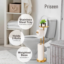Toilet Paper Holder Stand with Phone Shelf, Gold TP Holder Freestanding, Holds 5 Rolls, Stainless Steel (Gold)