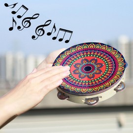 Handheld Tambourine, Tambourine Drum, Wooden Hand Drums, Hand Drum Percussion, Tambourine Children, Single Row Hand Drum for Band Performances, Parties, Music Lessons, Bohemian Pattern, 20 cm