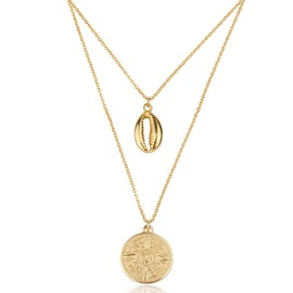 Good.Designs Women's Compass Necklace with Small Shell (Adjustable) Shell Necklace with Compass Pendant, Gold Plated, Gold