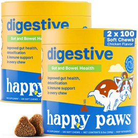 Happy Paws Digestive Health Dog Chews, Gut Health & Digestion Support with Enzymes, Fiber & Probiotics for Dogs, Supplement for Dogs, Natural Ingredients, Pumpkin Flavor, Vegan, 200 Count