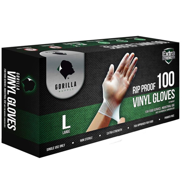 (100) Gorilla Supply Disposable Heavy Duty Vinyl Gloves Latex Free Powder Free Strong 4mil, BPA Free Food Safe Grade Disposable Glove, Large L, 100 Count