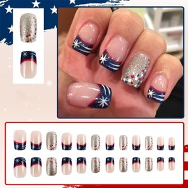 24Pcs Independence Day Themed French Tip Press on Nails, July 4th Glitter Glossy Fake Nails, Natural Full Coverage Acrylic Nails for Women Independence Day Nail Gifts