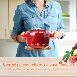 Enlisiwte 2 Pcs Magnetic Wooden Trivets, Acacia Wood with Black Silicone Rings, Magnetic Pot Holder for Le Creuset Enameled Cast Iron Dutch Oven & Cast Iron Skillets, Wood Trivet