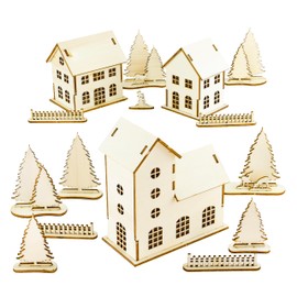 MCE-Commerce A550254 Set of Decorative Houses Made of Wood, Lantern, Natural, 14 cm x 12 cm x 5.6 cm