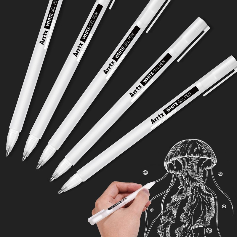Arrtx White Gel Pens, 5 Pack, 1mm Fine Point Pens