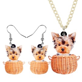 DUOWEI Acrylic Brown Yorkie Yorkshire Retriever Dog Necklace Earrings Set Drop Dangle Pendant Jewelry for Women Teens Girls Gifts, Acrílico, Alejandrita creada