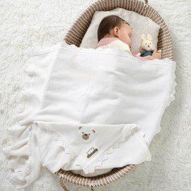 DovFanny Cotton Cellular Baby Blanket Knitted Soft Blanket for Newbron Baby Boy and Girls with Lovely Embroidery Bear