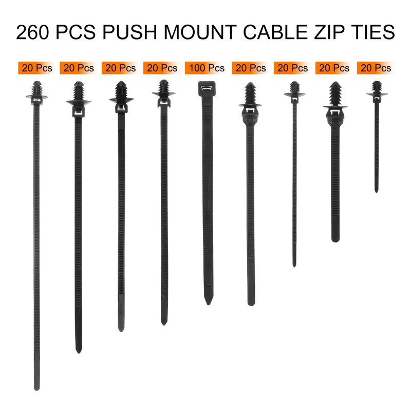 sourcing map 260Pcs Push Mount Cable Zip Tie 9 Size