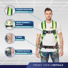 Palmer Safety ATERET Full Body 5 point Harness, Padded Back Support, Quick-Connect Buckle, Grommet Legs, Back&Side D-Rings, OSHA ANSI Industrial Roofing Personal Equipment, Green, XL
