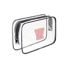Fodofodo Clear Toiletry Bag,Portable Travel Toiletry Bag,Chenille Letter Cosmetic Bag with Zipper,Waterproof Makeup Bag,Cosmetic Storage Organizer for Women Men,Travel Essentials (Black,W)