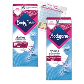 Bodyform Extra Long Panty Liners Dailies | Blue Box Fresh & Protect | Comfy and Breathable | Instant Absorption | Pack of 2X 19 (38 Pantyliners) Including Jaspem Period Tracker