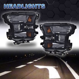 PIT66 Headlights, Compatible with 15-17 Ford F150 Replacement Headlights Head Lamps Left+Right Pair Headlamp Assembly Accessories Smoky Lens Black Housing Amber Reflector