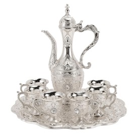 Turkish Tea Set, Vintage Turkish Coffee Pot with 6 Coffee Cup and Tea Tray, Zinc Alloy Metal Wine Pot Kit European Wine Glass Jug for Home Tea Party Wedding Gift (Silver White)