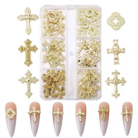 60 Pieces Cross Nail Charms for Nail Art, 3D Metal Crystal Cross Nail Decorations, Alloy Nail Rivets and Rhinestones for Women Girls DIY Jewellery Craft Accessories (B-Gold)