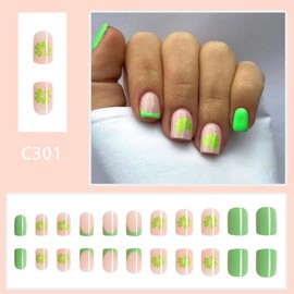 St Patrick's Day Press on Nails Short with Shamrock Design - Four Leaf Clover French Manicure Nails, Reusable Natural Acrylic False Nails, Stick on Nails for Women Girls Gift, Glue on Nails Kit 24pcs