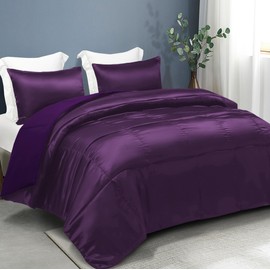 Whale Flotilla 3-Piece Reversible Silky Soft King Size Comforter Bedding Set, Luxurious Satin Comforters Oversized with 2 Satin Pillowcases, Lightweight Duvet for All Seasons, Purple