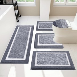 Pauwer Bathroom Rugs Sets 5 Piece, Plush Absorbent Microfiber Bath Mats for Bathroom, Non Slip Washable Bath Rugs Runner with U Shaped Contour Toilet Rugs, Shower Rug and Toilet Lid Cover, Dark Grey