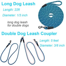 Mycicy Long Double Leash for 2 Dogs (27 FT), Dual Dog Leash 360 Swivel No Tangle Walking Leash for Two Dogs (22FT Long Leash +5FT Double Leash Coupler)
