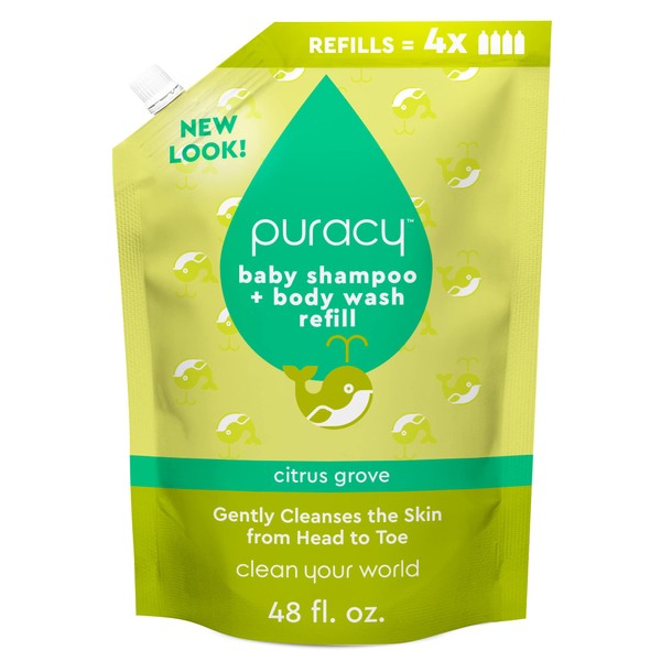 Puracy Shampoo & Body Wash for Children - Perfect Skin, Pure Ingredients - with 12 Fruit & Vegetable Extracts for Silky Smooth Skin, Gentle Citrus Grove Aromas, 98.8% from Mother Nature 48 Oz