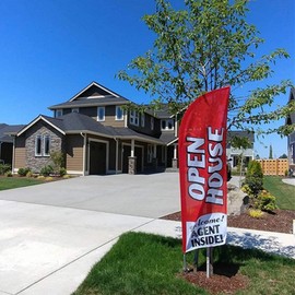 FFN 3-Pack of Red 8ft Open House Feather Banner Flag Kits, Includes Flag Poles, Ground Stakes, and Travel Bags, Outdoor Yard Lawn Signs for Real Estate Agents