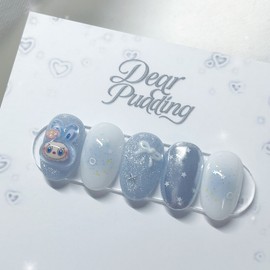[Handmade Nail Tips] Blue Lavurabu Nail Tips - Long Oval / [수제네일팁] 블루라부라부 네일팁 - 롱오벌