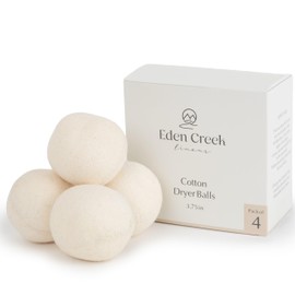 Cotton Dryer Balls Pack of 4, Natural Plant-Based Vegan Dryer Balls for Laundry, Reusable Fabric Softener, Unscented Fragrance Free, Use with Essential Oils, Oeko-Tex Certified, 3.75 in Diameter
