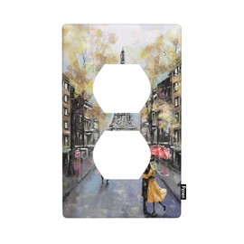 Pznen Paris Eiffel Tower Outlet Cover, Street Couple with Yellow Umbrella 1-Gang Duplex Receptacle Wall Plate for Romantic Home Bedroom Decor