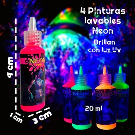 4 Pinturas Neón Lavables Luminosas con Luz Negra Body Paint Colores Maquillaje Facial Makeup Brillante Grupo Carnavallia