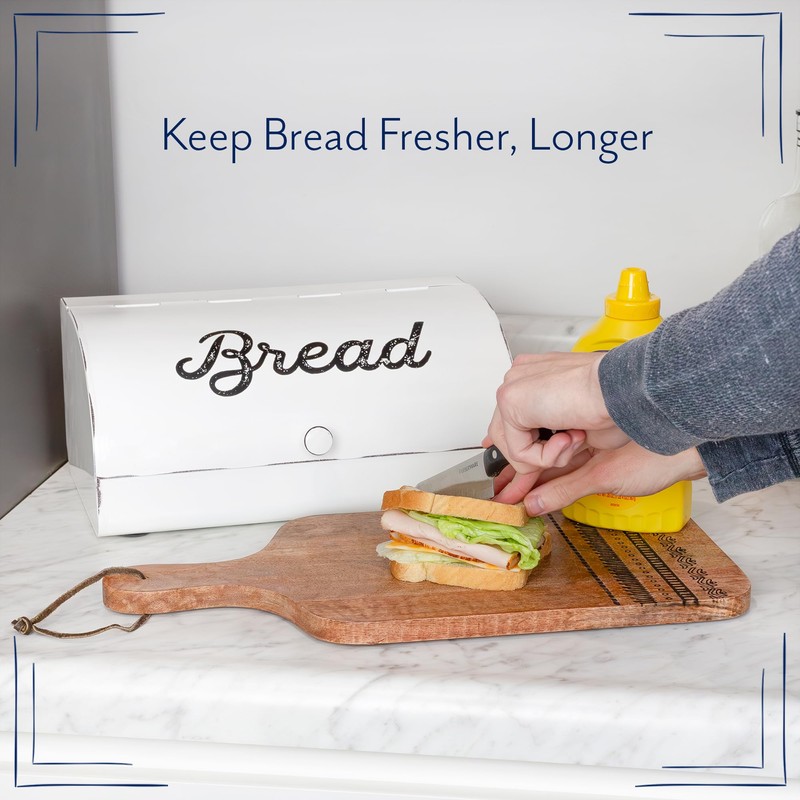 AuldHome Design Rustic White Bread Box; Farmhouse Vintage Enamelware Countertop