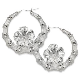 Hibiscus Flower 925 Sterling Silver Bamboo Hoops Earrings