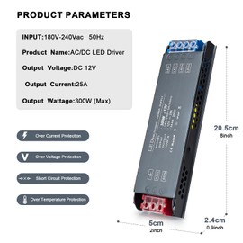 QNNP® LED Driver 300 Watts 12V DC Low Voltage Transformer Power Supply Transformer Adapter AC 110V to 12V DC, LED Power Supply for Indoor LED Lighting