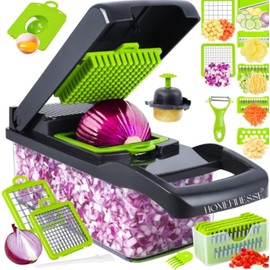 BellaCasa Essentials Vegetable Chopper - 20 in 1 Onion Chopper with Catch Container - Slicer, Dicer, Cutter - Professional Multifunctional Chopper - BPA Free - (16 piece set)
