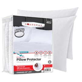 Guardmax Terry Cotton Pillow Protector with Zipper Standard Size - 2 Pack -100% Waterproof, Bed Bug Proof, Dust Mite Proof, & Hypoallergenic Pillow Covers - Premium Zippered Pillow Cases. (20 X 26)