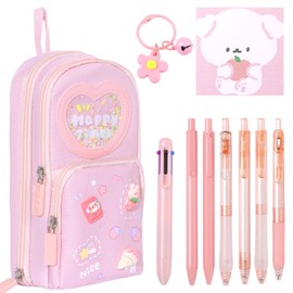 Raveparty Special Pencil Case, Aesthetic Pencil Case, Kids Girls Pencil Cases with Compartments Pen Sticky Notes Keychain for Girls Back to School (Pink)