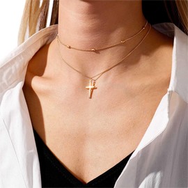 YienDoo Boho Layered Cross Necklace Choker Vintage Gold Cross Pendant Necklace Bead Satellite Choker Multilayer Statement Cross Necklace Jewelry for Women and Girls