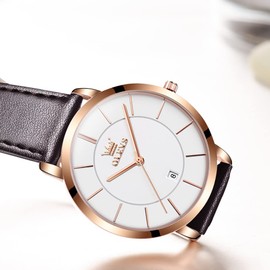 OLEVS Women Wrist Watches Ultra Thin 6.5mm Minimalist Business Dress Waterproof Date Brown Leather White Face Strap Slim Watches for Women