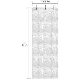 24 Pockets - Crystal Clear Over The Door Hanging Shoe Organizer,Storage Holder for Back of Door and 4 Metal Hook,White (22.5'' x 56'')