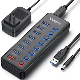 Hub USB alimentado 3.0, Wenter 8 puertos USB Splitter Hub (7 puertos de transferencia de datos más rápidos + 1 puerto de carga inteligente) con interruptores LED individuales de encendido/apagado, Hub