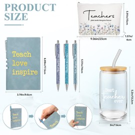 Domensi 6 Pcs Teacher Appreciation Gifts for Women,Best Teacher Ever Gift Set for Birthday, End of Year,Thank You Presents with 16 oz Glass Cup, A6 Notepad, Makeup Bag, Inspirational Pens(Blue)