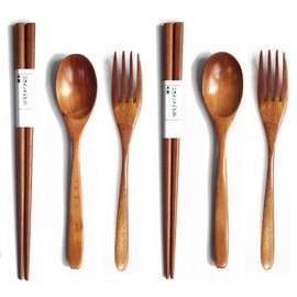 KXLCGYK Wooden Spoon, Chopsticks and Fork, 6 Pieces, Cutlery Set, Lightweight, Japanese Style, Dinner Spoon, Fork, Chopsticks Set, Soup, Curry, Salad, Work, Bento Box, Dinner Set, Kids, Adults,