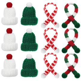 Bencailor 12 Pcs Mini Knit Hat Mini Christmas Scarf Set Mini Santa Hats for Crafts Mini Christmas Decorations Christmas Tree Ornaments for DIY Craft Art Snowman Doll (Green)