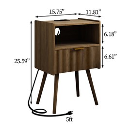 JOONEE Nightstand with Outlet,Modern Bedside Table with Storage Drawer and Open Wood Shelf, for Living Room, Bedroom and Small Spaces, Accent Night Stand with Solid Wood Legs, Easy Assembly,Brown