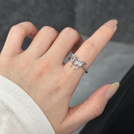 Niaspi Irregular Butterfly Open Band Ring for Women Girls Silver Plated Vintage Boho Butterflies Animal Statement Finger Ring CZ Cubic Zricon Comfort Fit Stackable 3D Knuckle Ring Jewelry Gifts