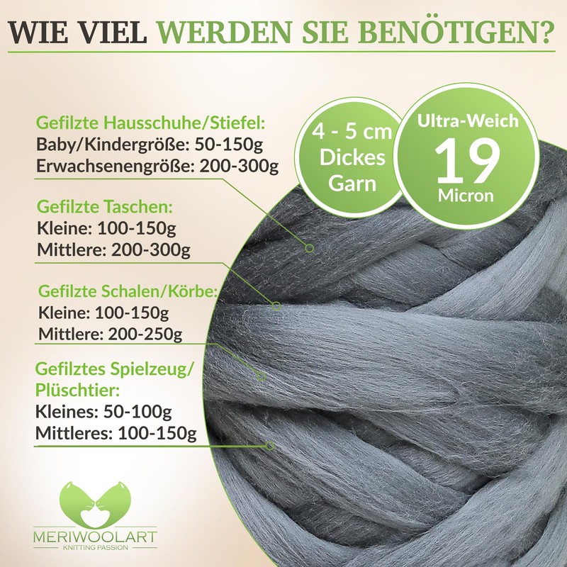 MeriWoolArt® 100% XXL Merino Wool - 19 Micron Soft, Thick